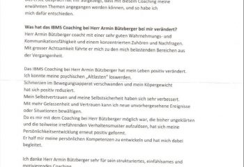 Feedback zum IBMS Coaching bei Armin Bützberger, certified IBMS Master Coach